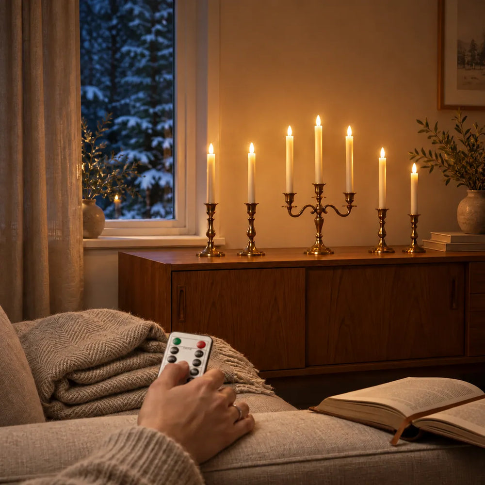 Hand med fjärrkontroll tänder Wove Luma LED-kronljus på en teakskänk från soffan en vinterkväll
