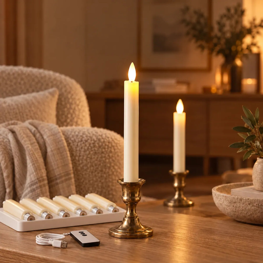 Wove Luma LED-kronljus tända i mässingsstakar vid en fåtölj, med sex ljus i laddstationen, fjärrkontroll och USB-C-kabel