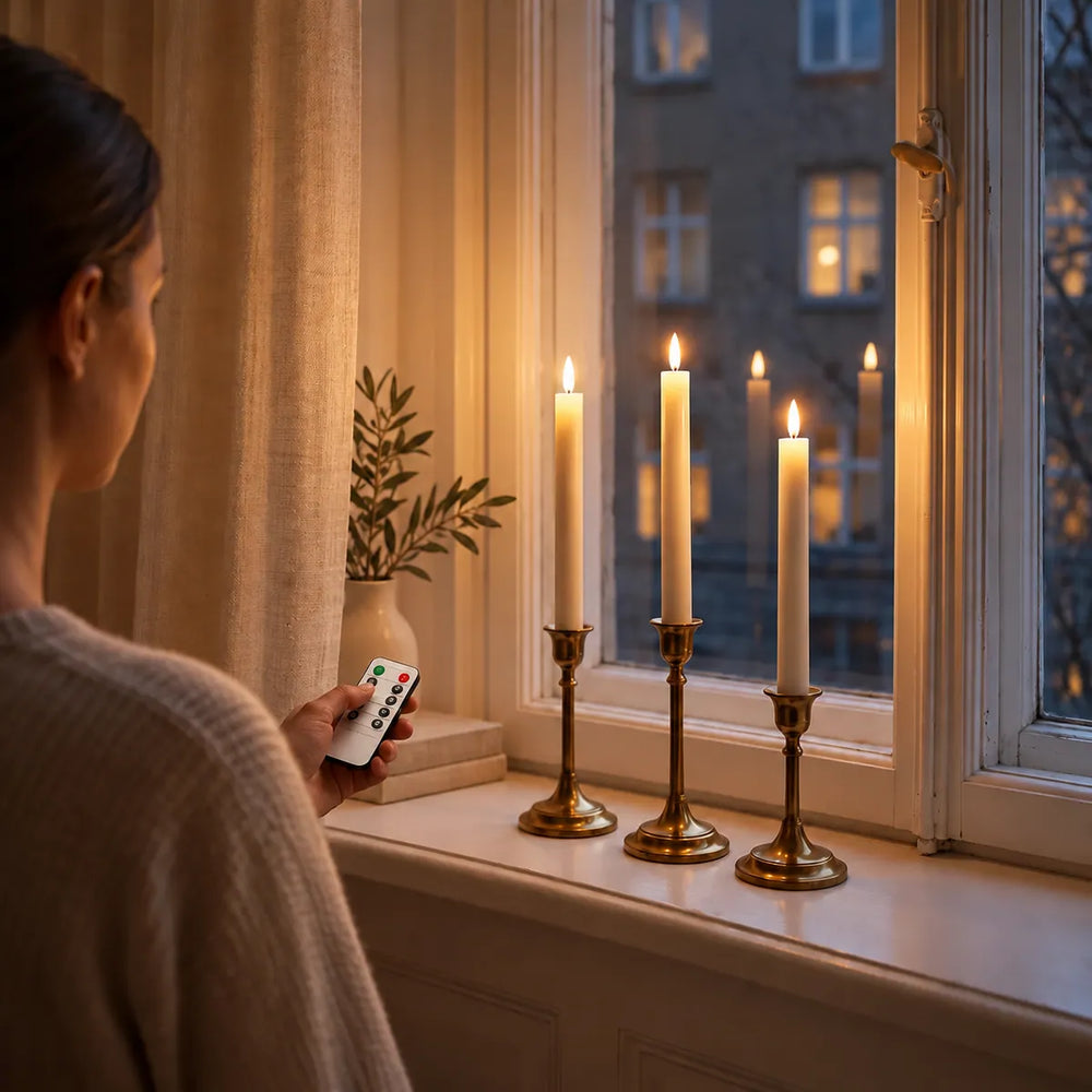 Kvinna tänder tre Wove Luma LED-kronljus i fönstret med fjärrkontrollen en vinterkväll