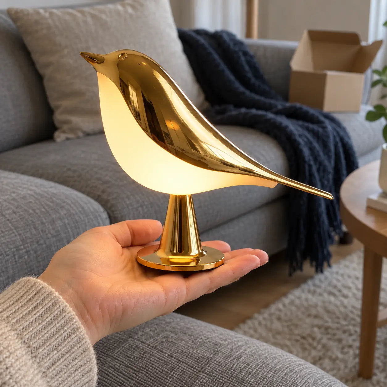 Svala i guld i handen i vardagsrummet, nyss uppackad