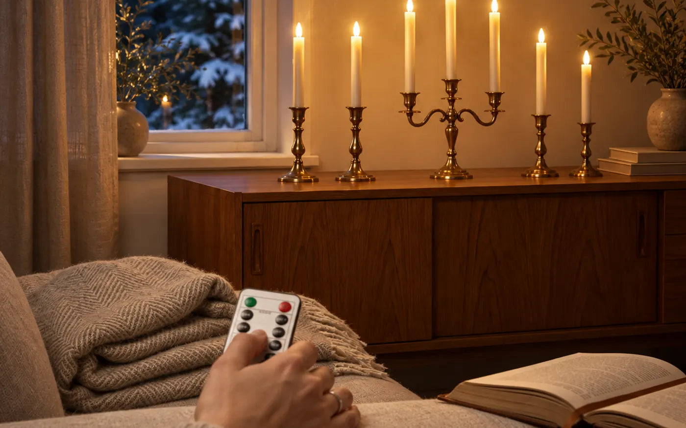 Sex LED-kronljus i mässingsstakar på en skänk, tända med fjärrkontroll från soffan