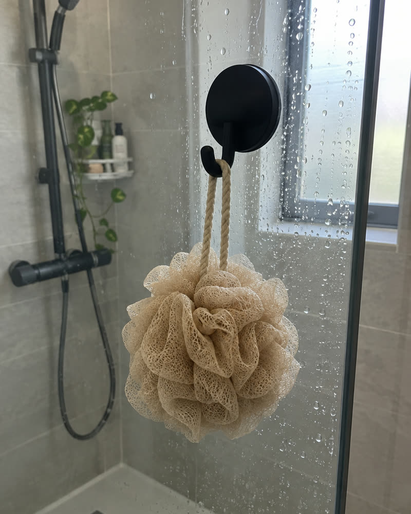 Svart Wove-krok på en duschvägg i glas med en beige svamp