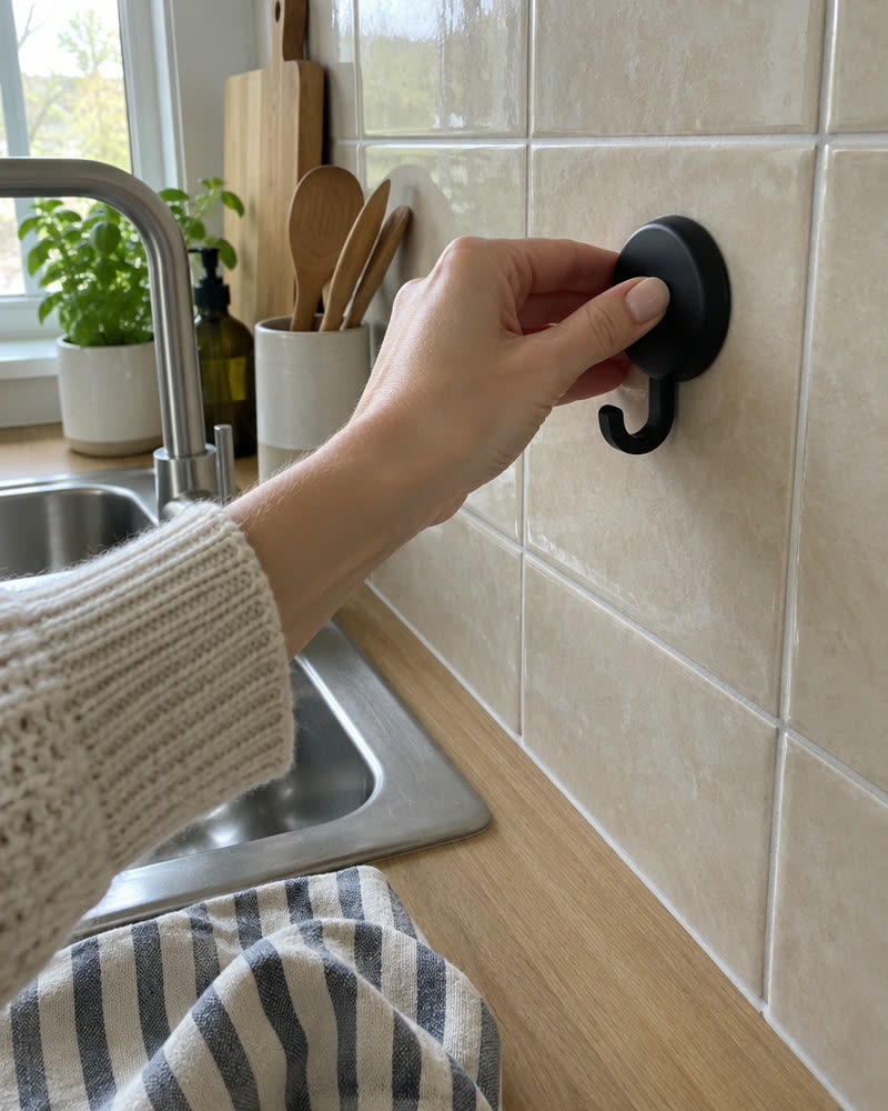 Hand som trycker fast en svart Wove-krok på beige kökskakel