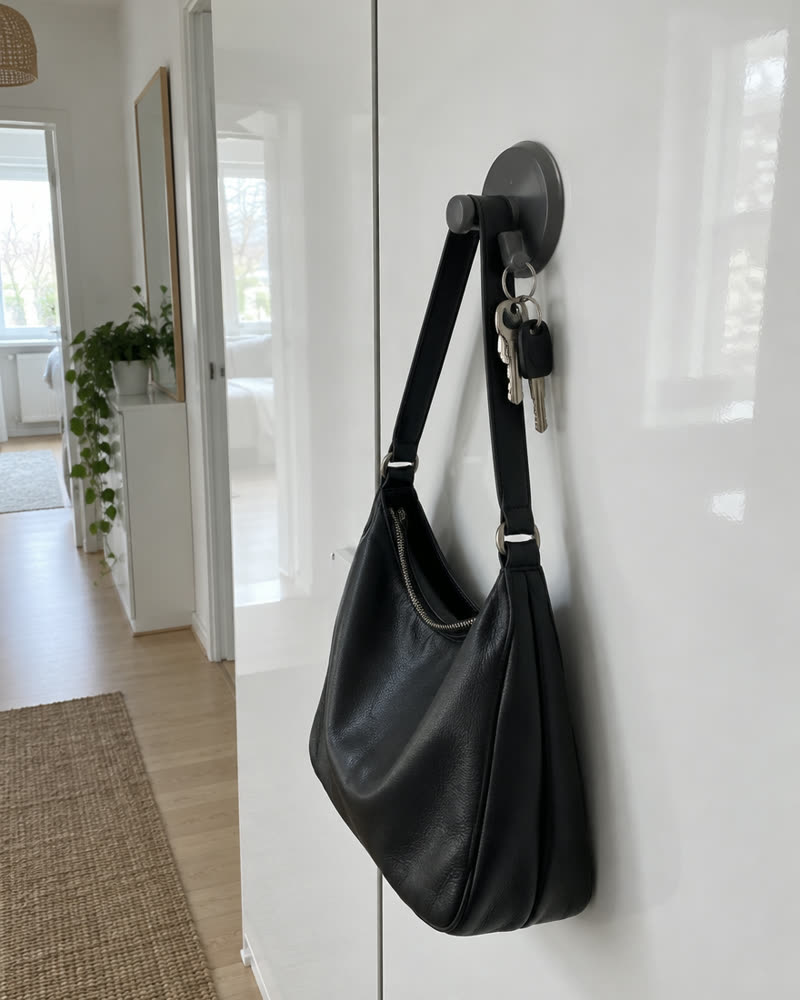 Wove-krok i gunmetal på en vit garderobslucka med en svart väska och nycklar